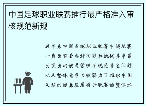 中国足球职业联赛推行最严格准入审核规范新规 中国足球职业联赛推行最严格准入审核规范新规